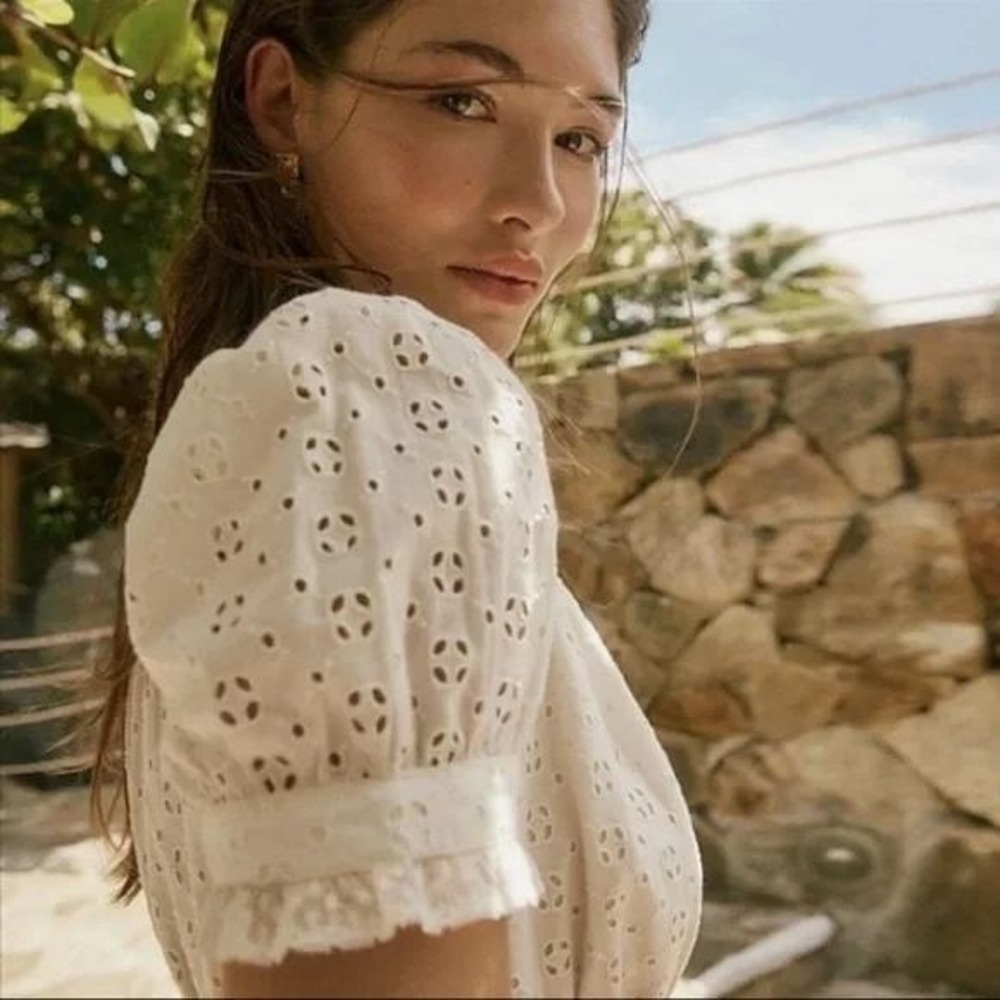 J.Crew White Eyelet Lace Cotton Mini Dress Short Puff Sleeve Button Front Size 4 - Picture 3 of 16